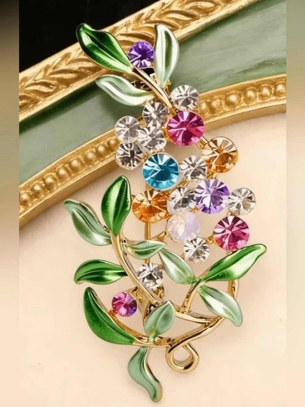 Green Leaf Multicolor Crystal Floral Brooch - Elegant Women's Jewelry